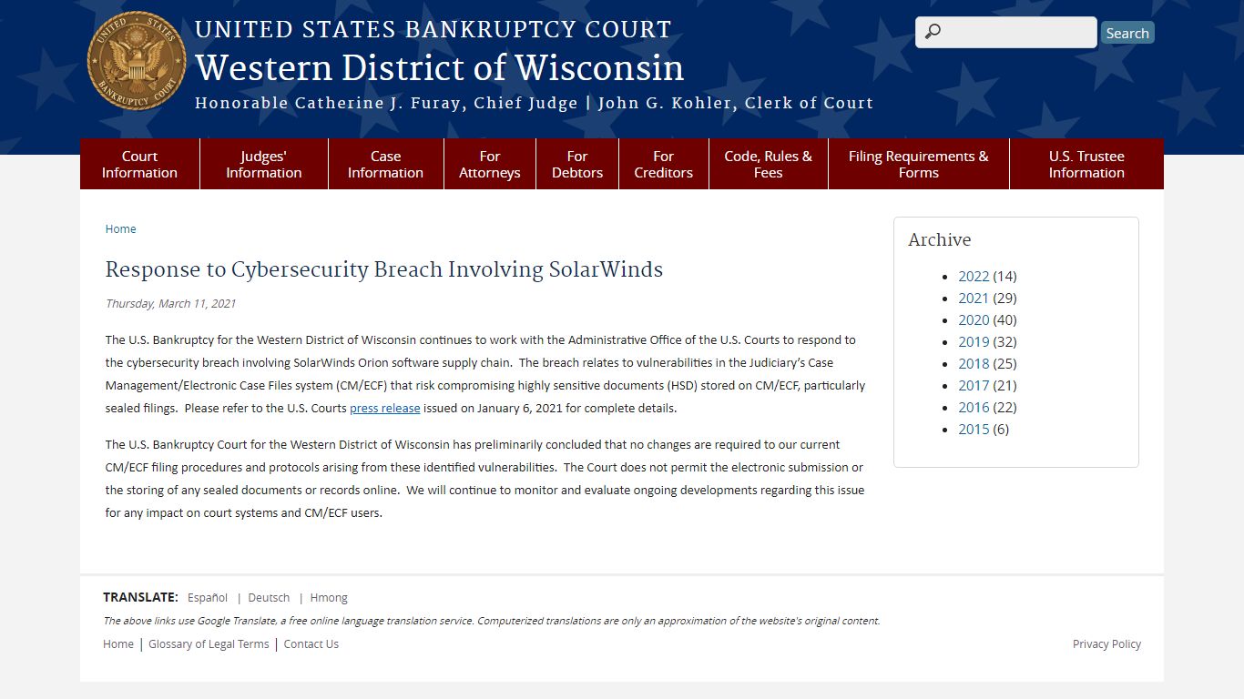 Response to Cybersecurity Breach Involving SolarWinds
